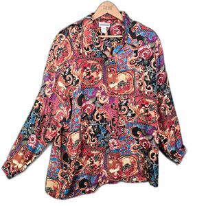 Adrian Jordan Womens Button Up Silk Blouse 26-28 Multicolor Colorful Workwear